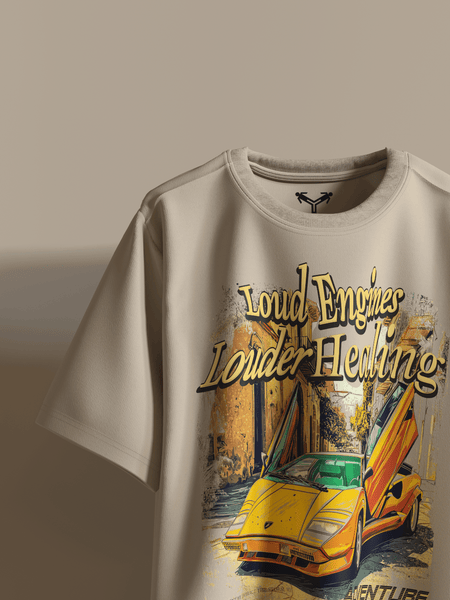 Loud Engines Louder Healing Boxy Fit Oversized T-Shirt [UNISEX] from FKAHUMANS | Premium Streetwear