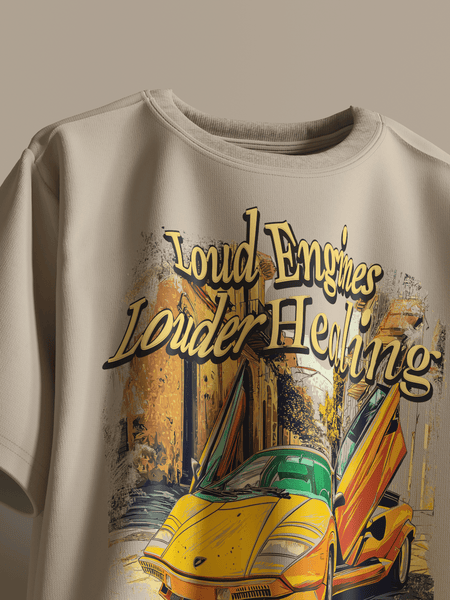 Loud Engines Louder Healing Boxy Fit Oversized T-Shirt [UNISEX] from FKAHUMANS | Premium Streetwear