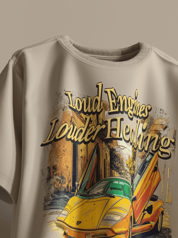 Loud Engines Louder Healing Boxy Fit Oversized T-Shirt [UNISEX] from FKAHUMANS | Premium Streetwear