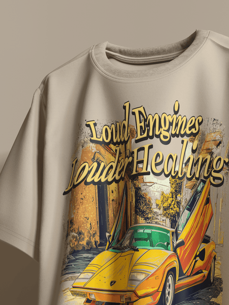Loud Engines Louder Healing Boxy Fit Oversized T-Shirt [UNISEX] from FKAHUMANS | Premium Streetwear